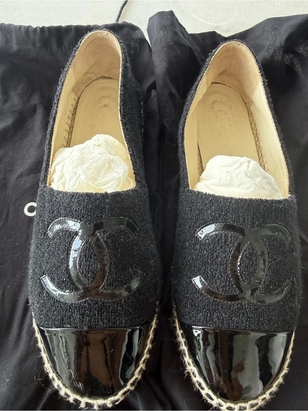 CHANEL Black Tweed Espadrille Flats with Patent Cap 7.5 fits 37.5 38